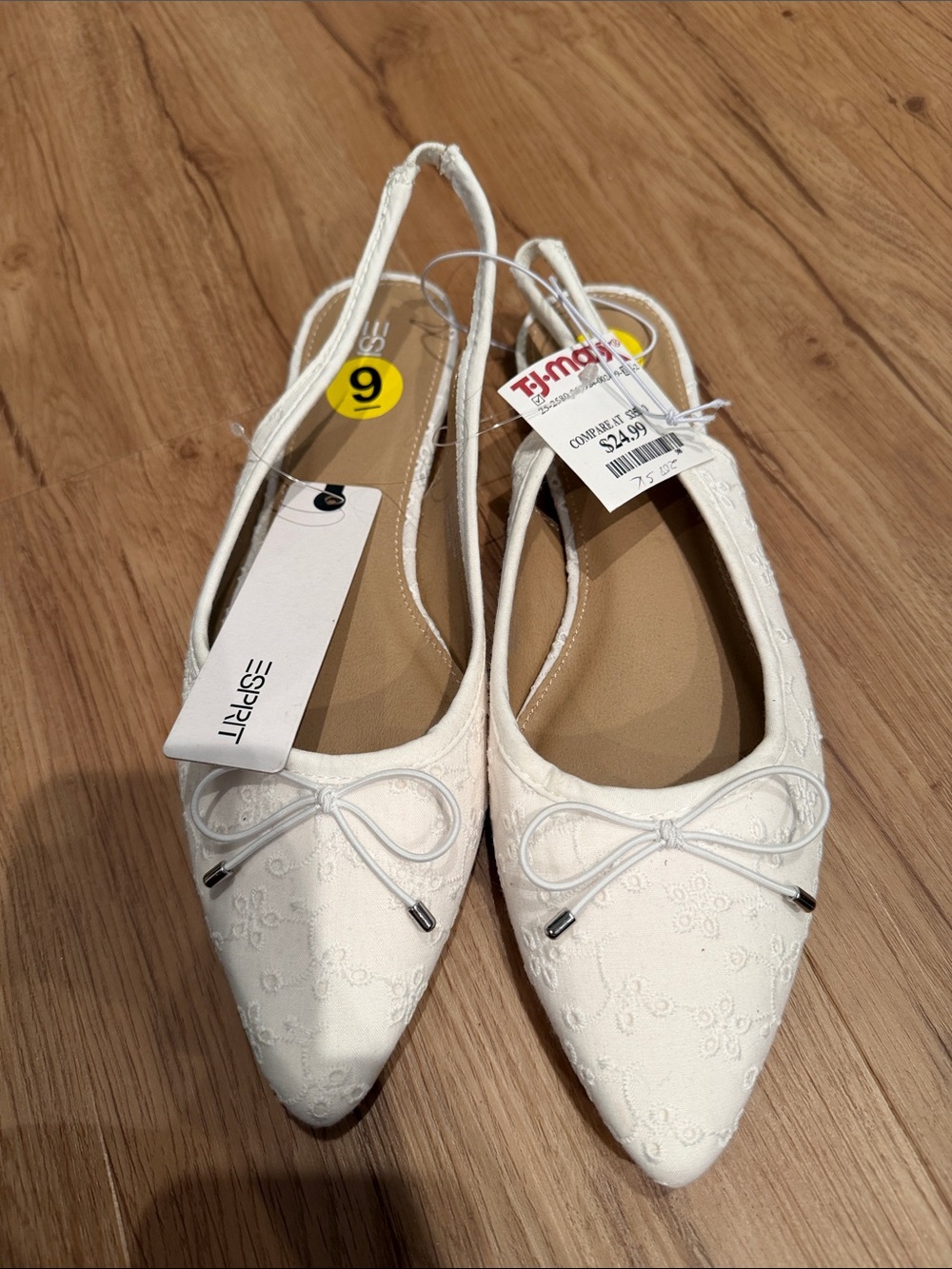 Esprit White Lace Pointed Slingback Flats with Bow Detail